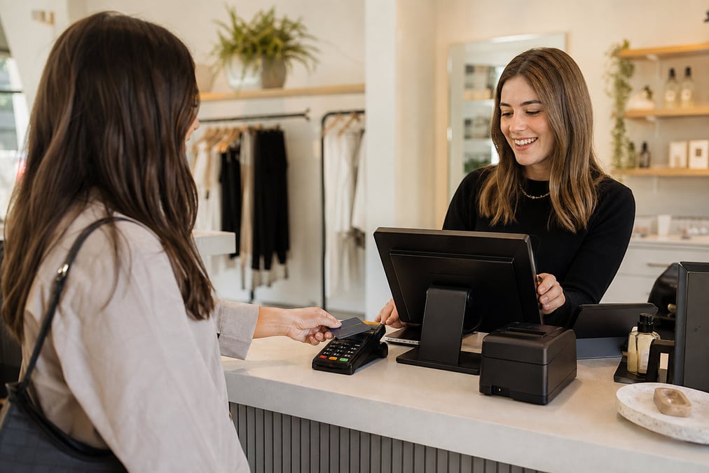 Close-up of hands using a contactless payment terminal with a credit card indoors.
