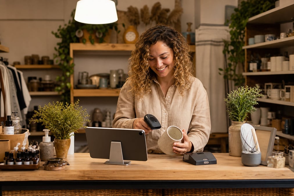 Two customers making a contactless payment at a café counter using a mobile phone.