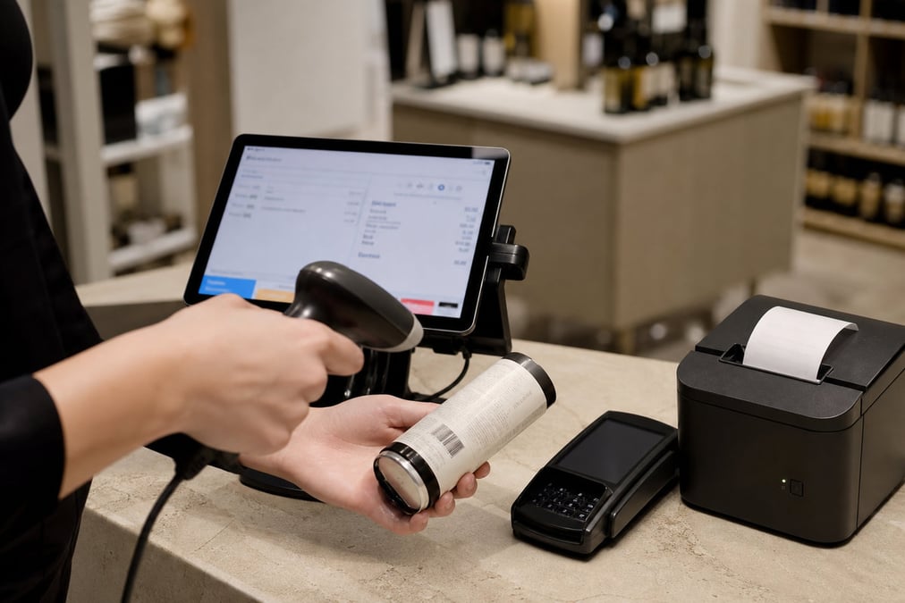 Caucasian woman using a POS machine in a ceramic store, showcasing modern retail technology.