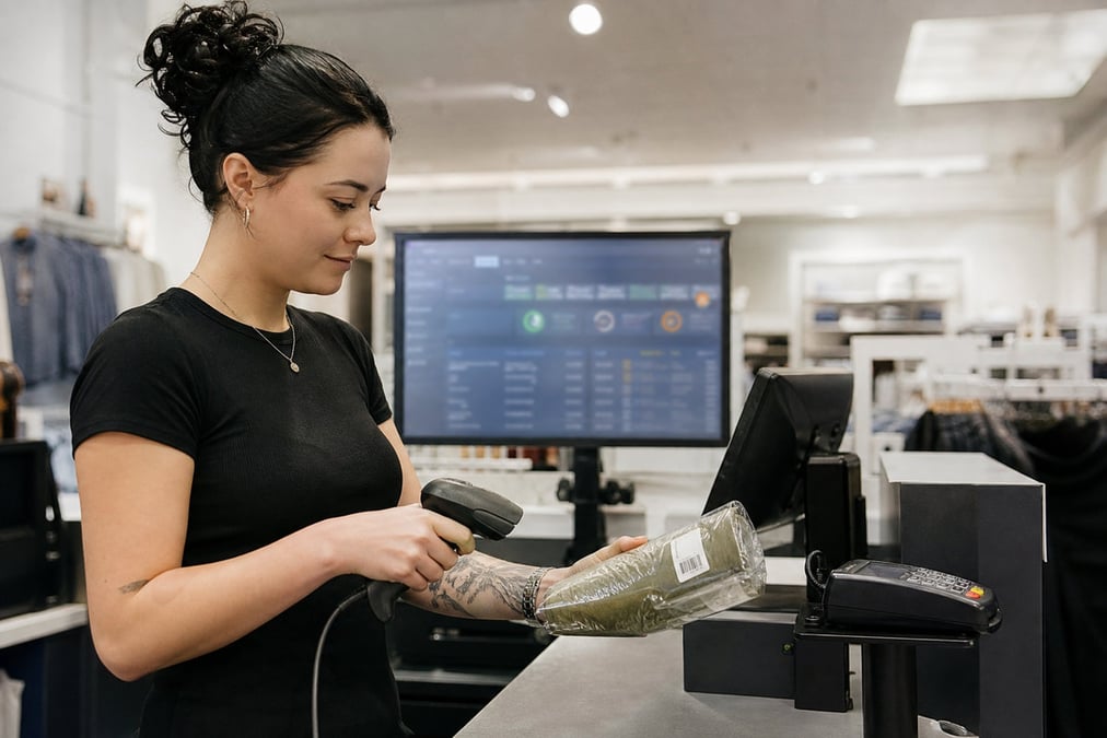 Close-up of a cashless transaction at a modern café counter with hands holding a receipt.