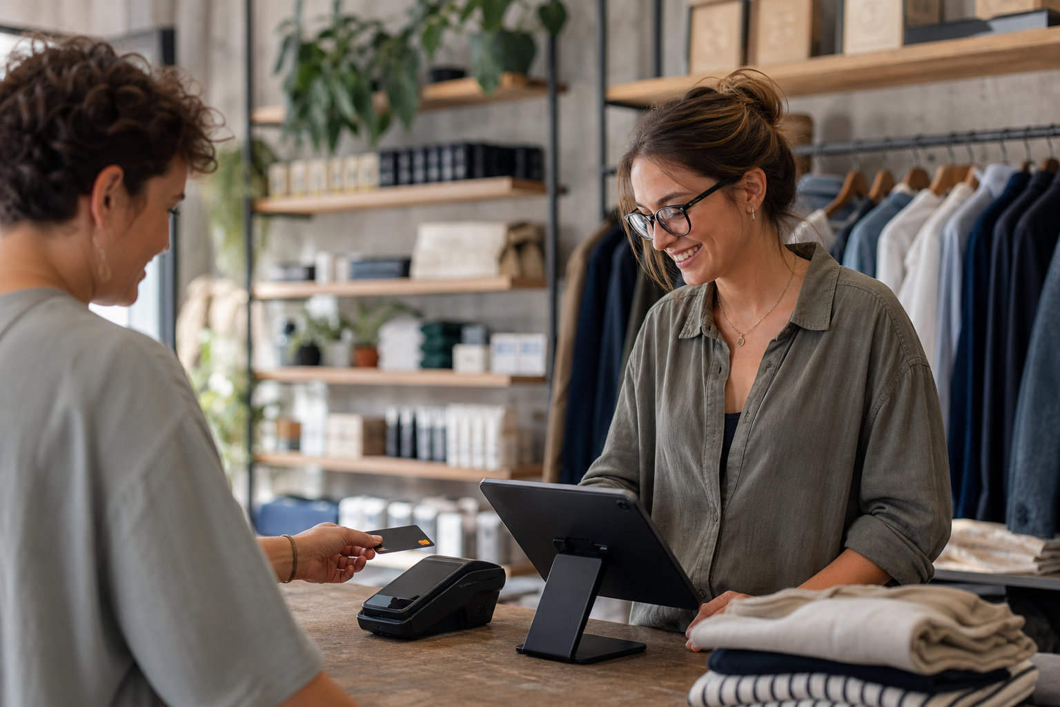 A restaurant server operates a touchscreen POS system, enhancing efficient order management.