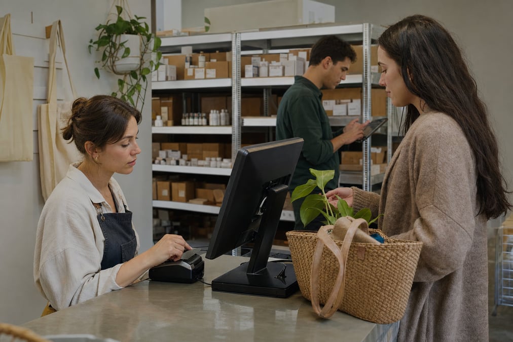 A restaurant worker operates a point of sale system in a commercial kitchen setting.