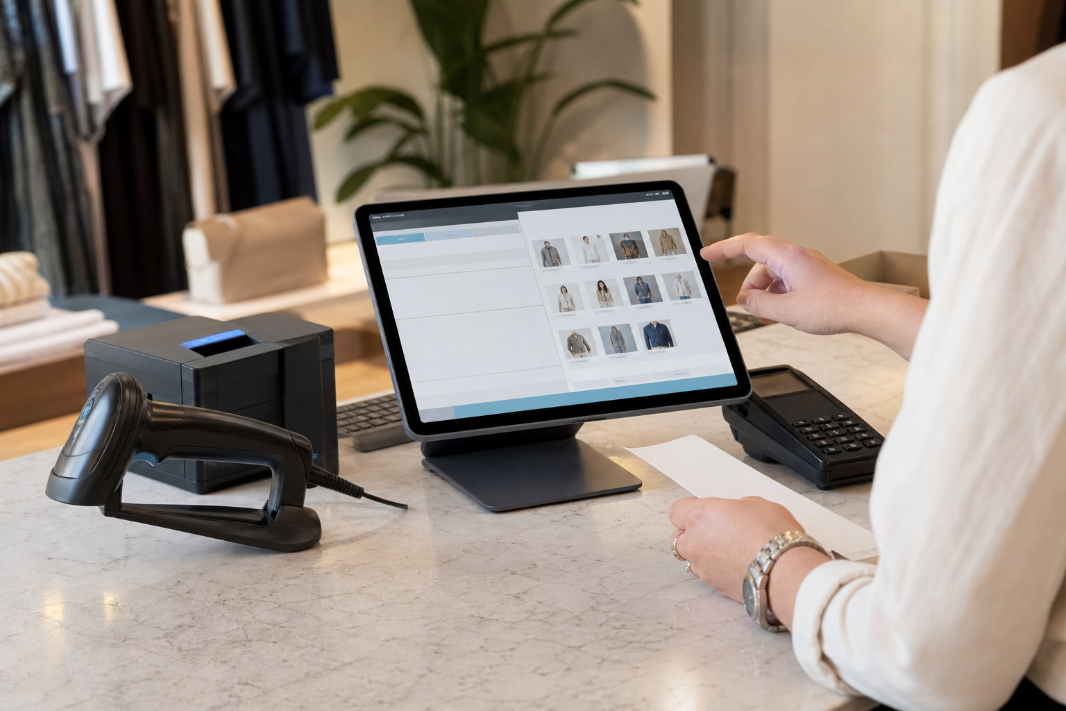 Hands using mobile for contactless payment at café terminal.