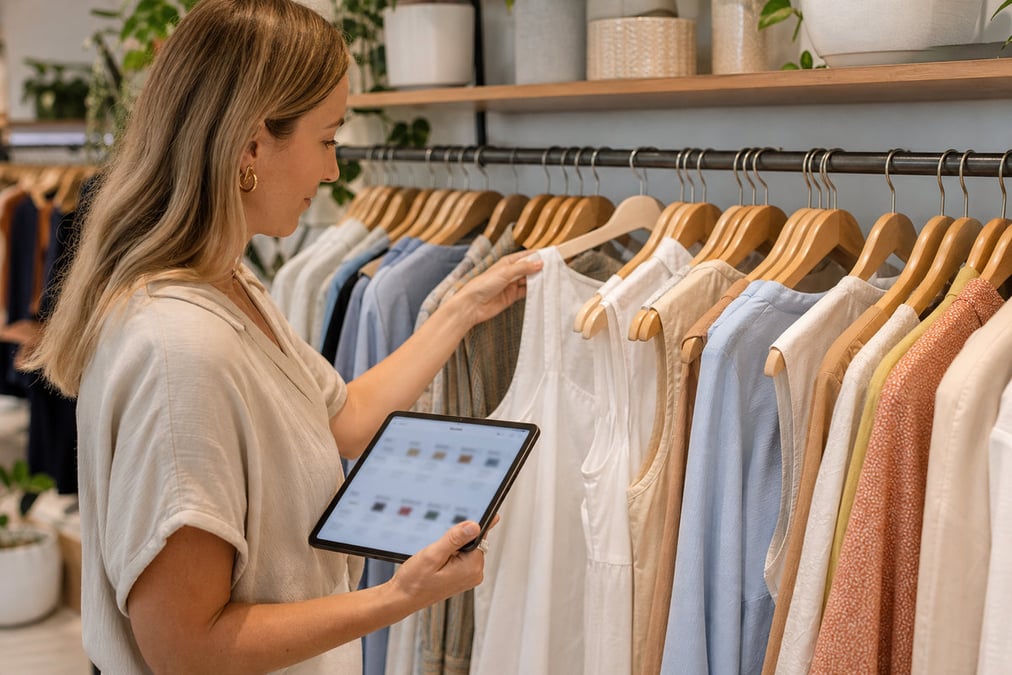 Friendly retail interaction between two women at a clothing store counter.