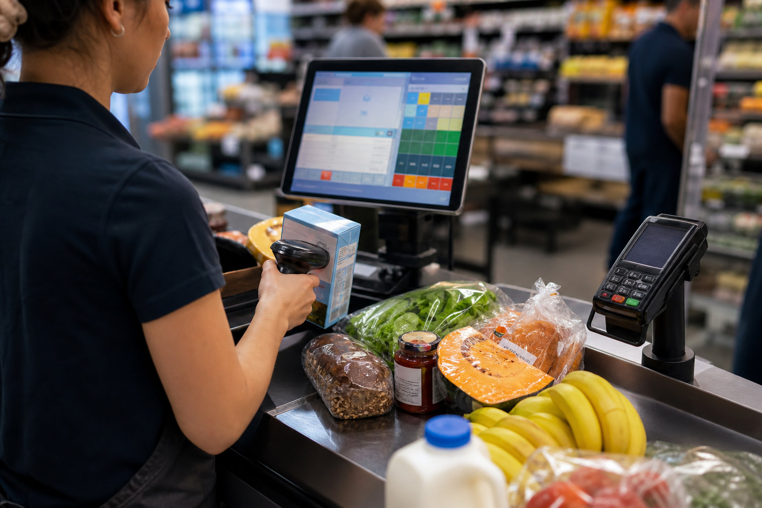 A customer uses a smartphone for contactless payment at a retail checkout with fresh produce.