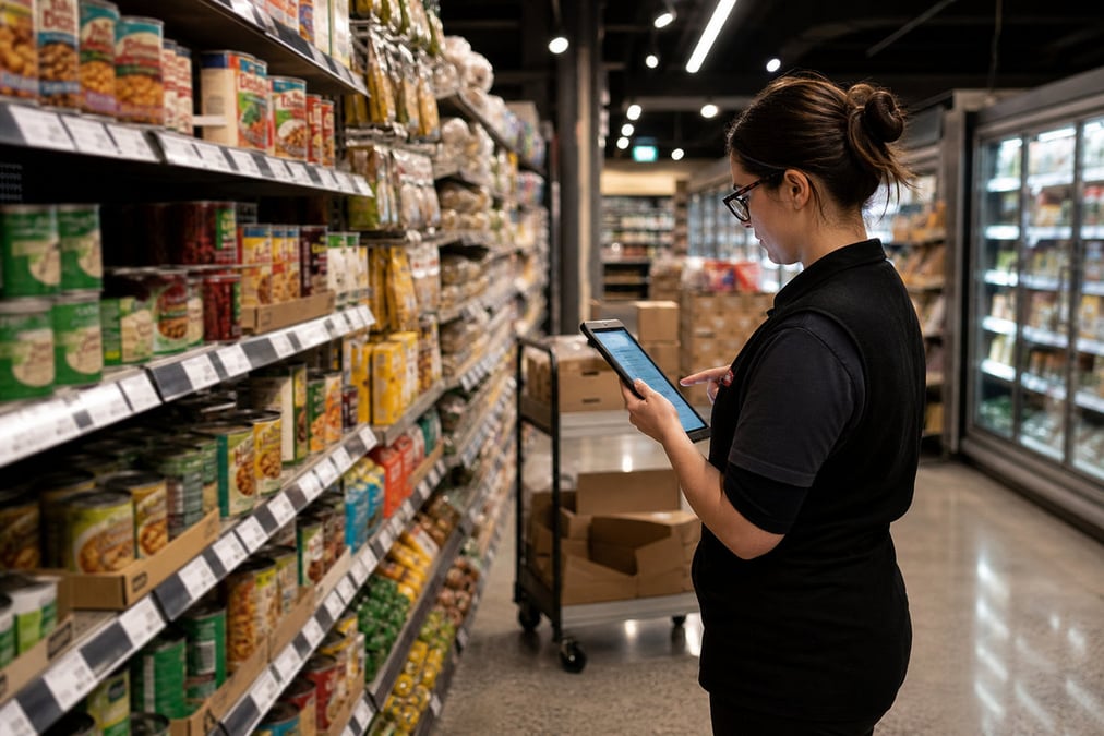Close-up of customer paying for groceries with produce at a store checkout counter.