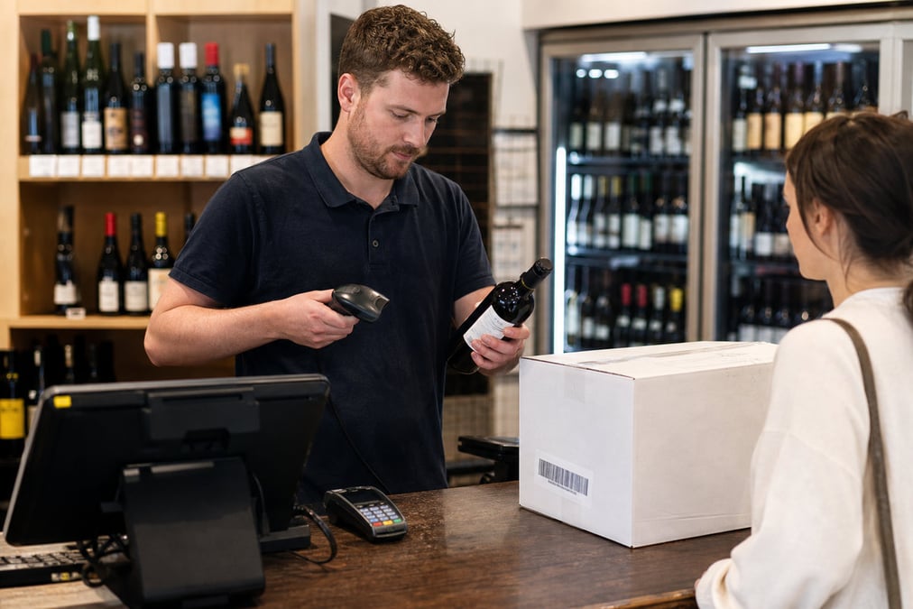 A cashier processes a cashless transaction using a payment terminal and laptop at a retail counter.