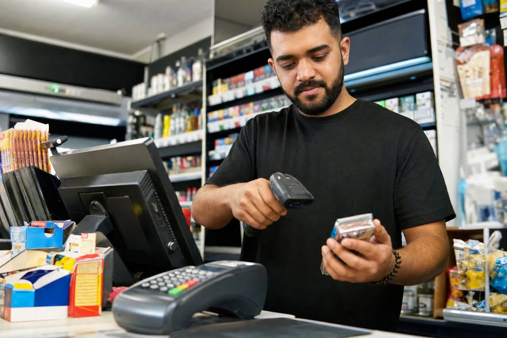 Hands operating a POS machine for payment processing in a retail setting.