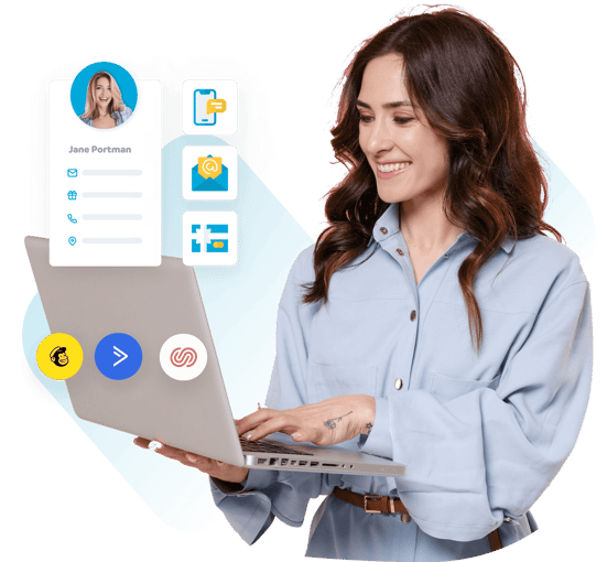 Woman on a laptop with a customer profile and SMS and email marketing tools