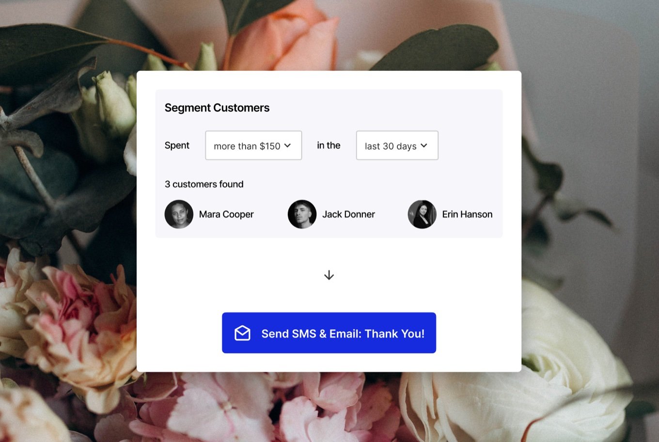 Flowers behind a customer segment screen with a button to send an SMS and email thank you