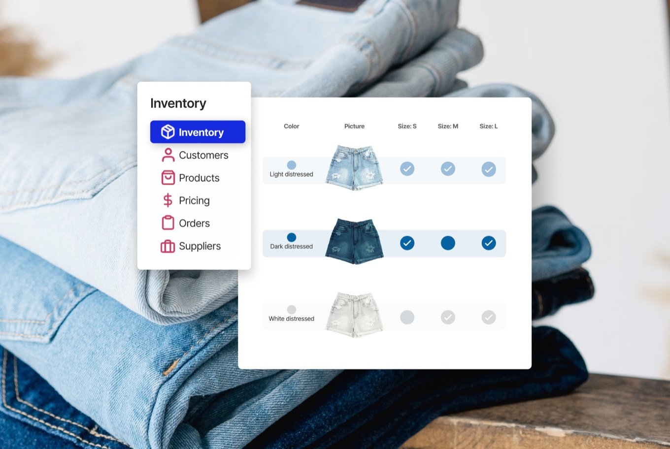 Stacked denim with an inventory screen showing stock by colour and size