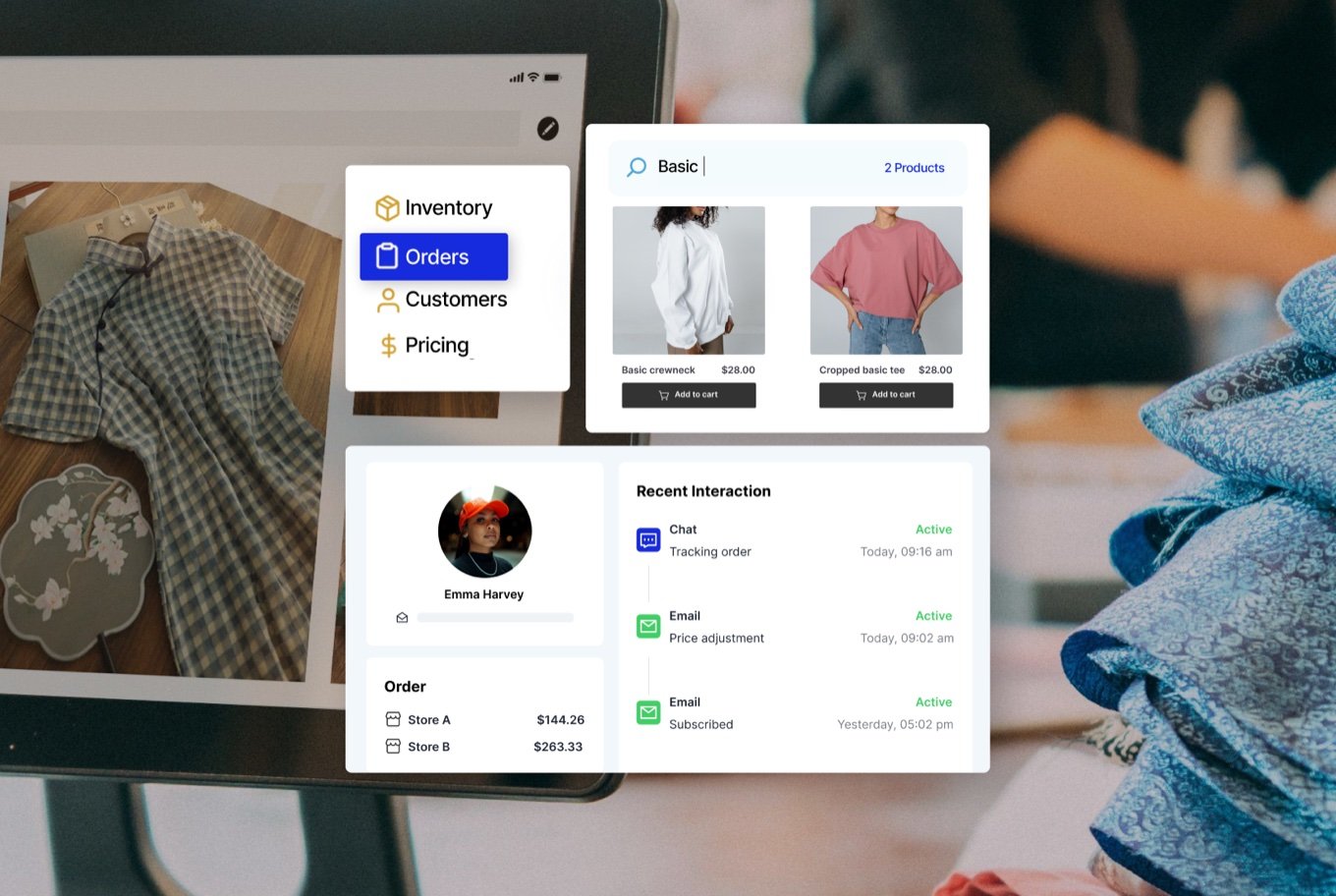 Clothing store POS on a tablet showing orders, products and a customer profile