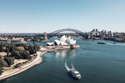 Aerial view of Sydney Harbour with the Opera House and Harbour Bridge