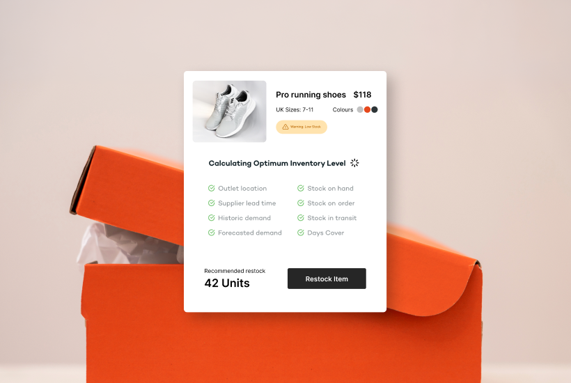 Orange shoebox with a running shoe stock card showing a recommended restock of 42 units