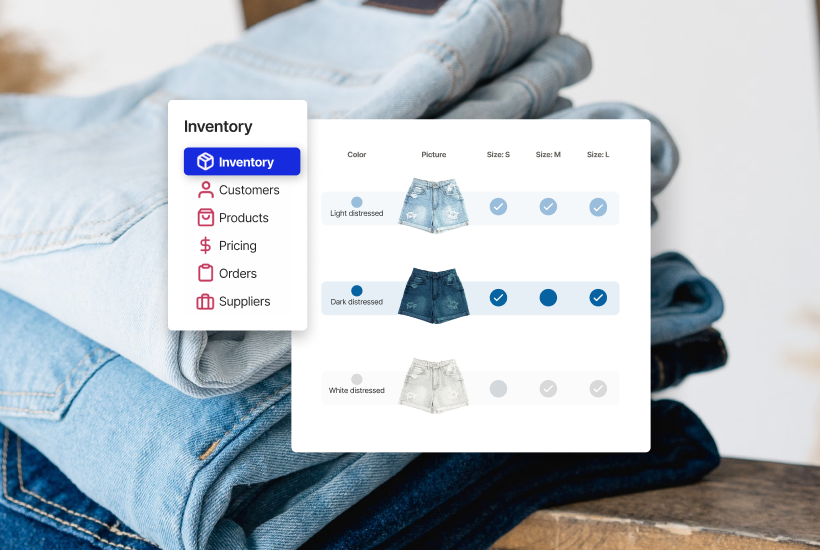 Stacked denim with an inventory screen showing stock by colour and size