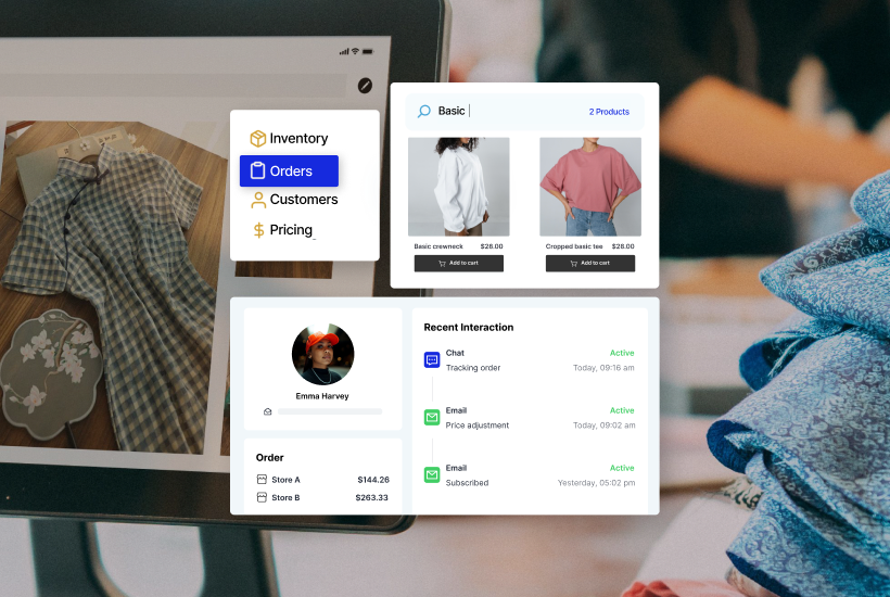 Clothing store POS on a tablet showing orders, products and a customer profile