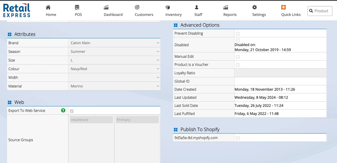Retail Express dashboard